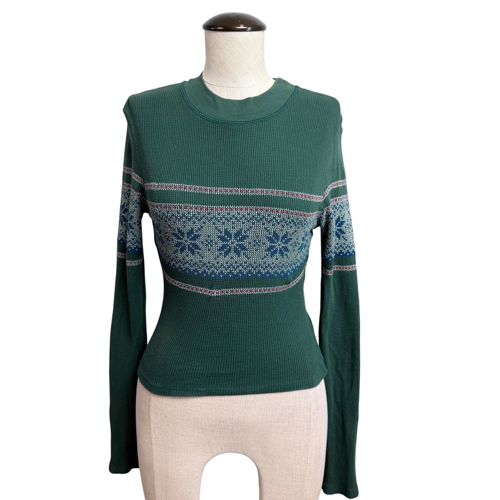 Daydreamer for Free People Green Waffle Thermal Snowflake Fair Isle Top Medium